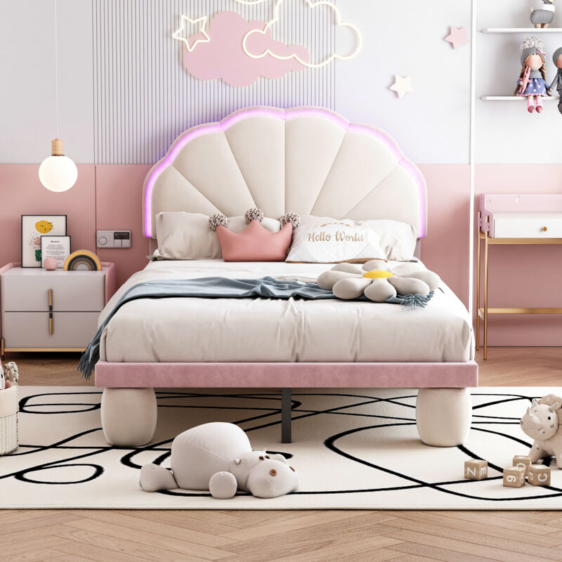 foto del prodotto letto imbottito con strisce di luci a led cangianti multicolori, testiera a taglio ondulato, con gambe rotonde imbottite, letto per bambini a doghe