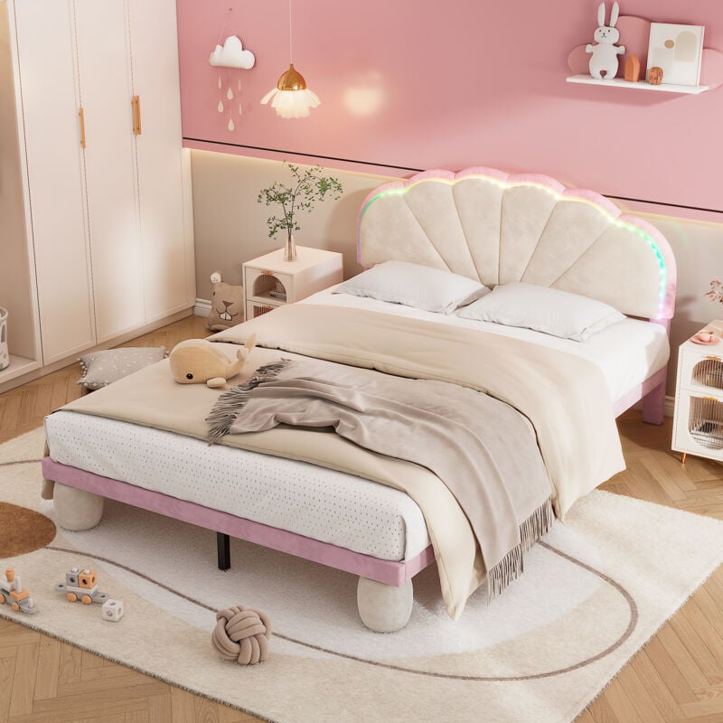 foto del prodotto letto imbottito con strisce luminose multicolori e cangianti, testiera a forma di onda, con gambe rotonde imbottite, letto per bambini, letto per