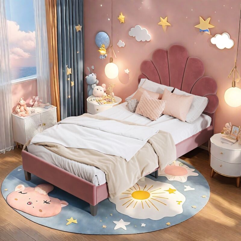 foto del prodotto letto imbottito con testiera a forma di fiore e rete a doghe - 90x200 cm, letto singolo in tessuto velet per bambini, senza materasso