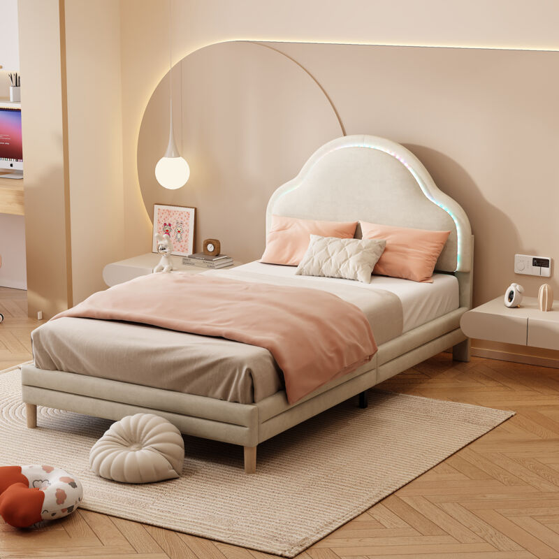 foto del prodotto letto imbottito con testiera a forma di nuvola, con strisce led multicolor cangianti, lettino per bambini con doghe in legno, letto singolo, velluto,