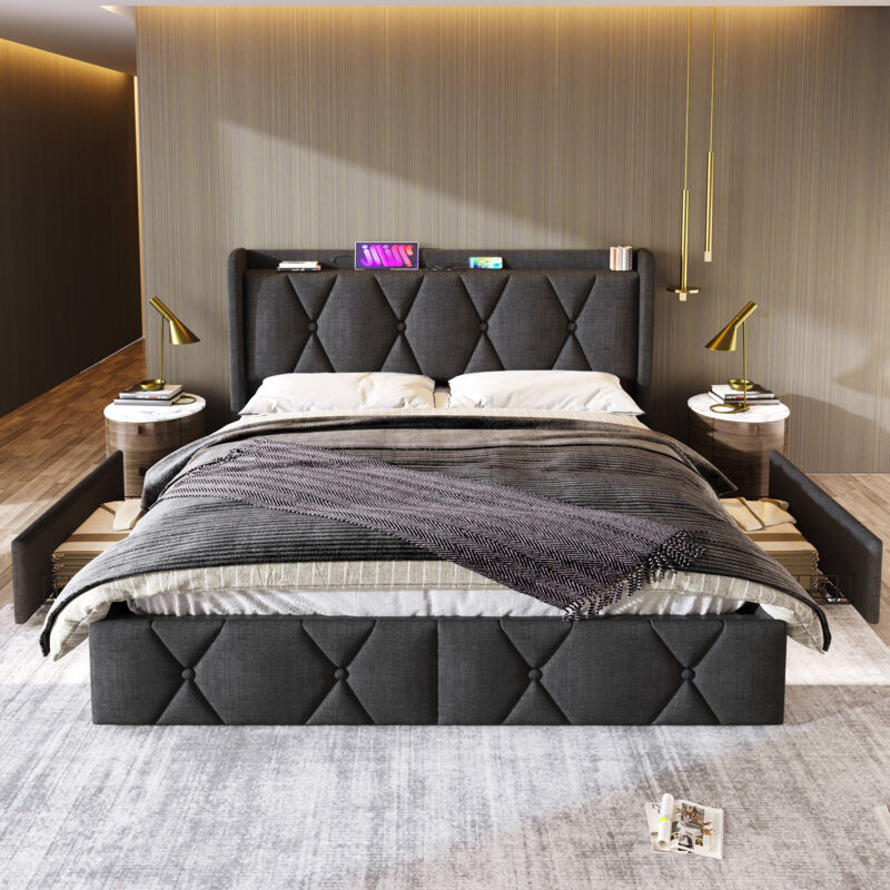 foto del prodotto letto imbottito con testiera e 4 cassetti con funzione di ricarica usb, letto matrimoniale 160x200 cm, vano portaoggetti, giroletto, rete a doghe in