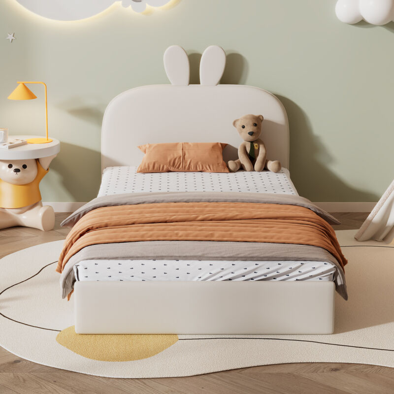 foto del prodotto letto imbottito con testiera in coniglio, letto per bambini con doghe in legno, letto singolo, velluto, beige, 90x200 cm