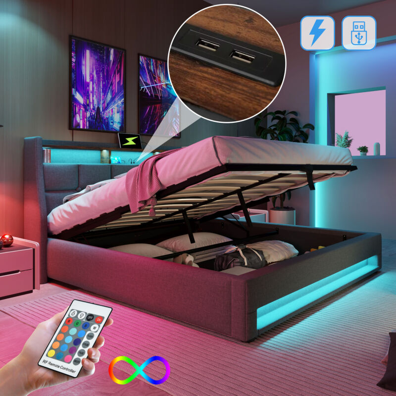 foto del prodotto letto imbottito con usb 140x200 cm, letto matrimoniale led con rete a doghe in metallo, giroletto in lino, letto per ragazzi senza materasso 