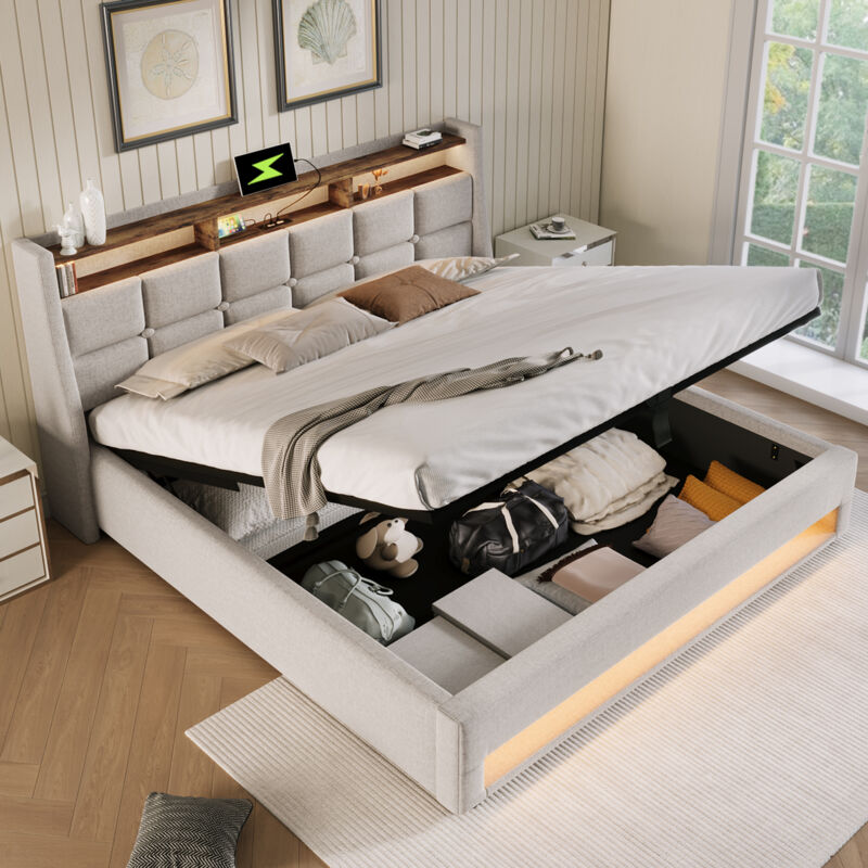 foto del prodotto letto imbottito con usb 160x200 cm, letto matrimoniale a led con rete a doghe in metallo, giroletto in materiale di lino letto per ragazzi senza
