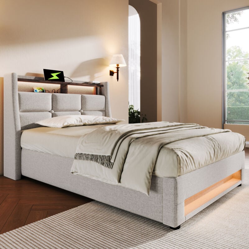 foto del prodotto letto imbottito con usb 90x200 cm, letto singolo a led con rete a doghe in metallo, giroletto in materiale di lino senza materasso okwish