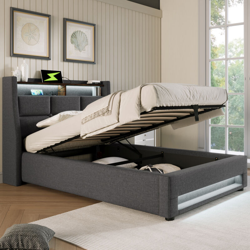 foto del prodotto letto imbottito con usb 90x200 cm, letto singolo a led con rete a doghe in metallo, giroletto in materiale lino letto per ragazzi senza materasso 