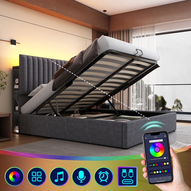 foto del prodotto letto imbottito con vano contenitore, letto matrimoniale, letto con controllo tramite app led con ricarica, funzione di ricarica usb tipo c, vano