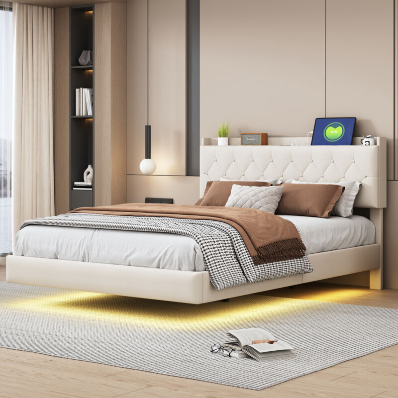 foto del prodotto letto imbottito da 140 x 200 cm con porta di ricarica usb e striscia luminosa a led che cambia colore, letto matrimoniale in tessuto di lino delicato