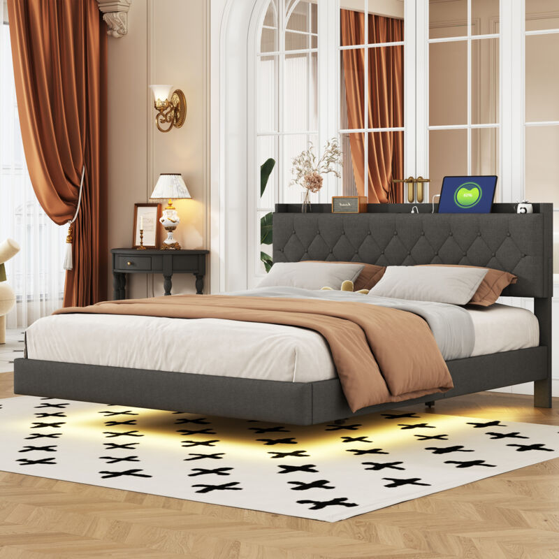 foto del prodotto letto imbottito da 160200 cm con porta di ricarica usb e striscia luminosa a led che cambia colore, letto matrimoniale in tessuto di lino delicato