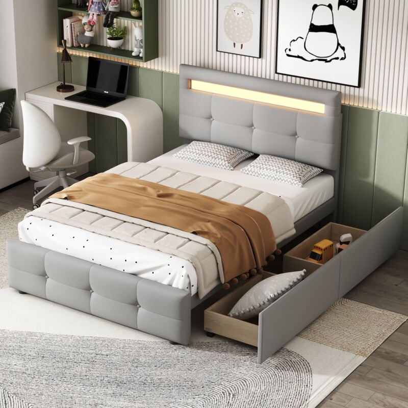 foto del prodotto letto imbottito da 90 x 200 cm con luci a led, 2 cassetti, rivestimento in lino delicato sulla pelle, letto singolo piatto, letto per bambini, letto