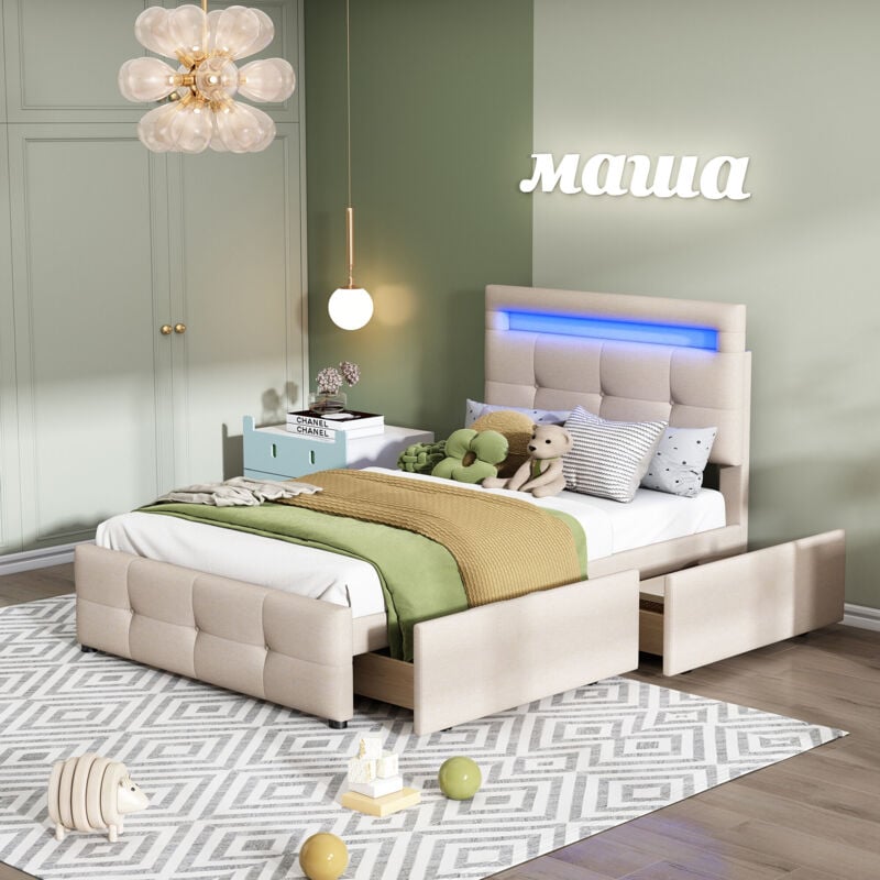 foto del prodotto letto imbottito da 90 x 200 cm con luci a led, 2 cassetti, rivestimento in lino delicato sulla pelle, letto singolo piatto, letto per bambini, letto