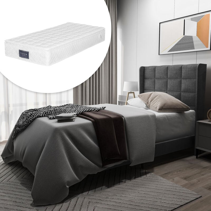 foto del prodotto letto imbottito dal design moderno con testiera imbottita letto singolo con rete a doghe, 90x200 cm, in lino grigio, semirigido con materasso a