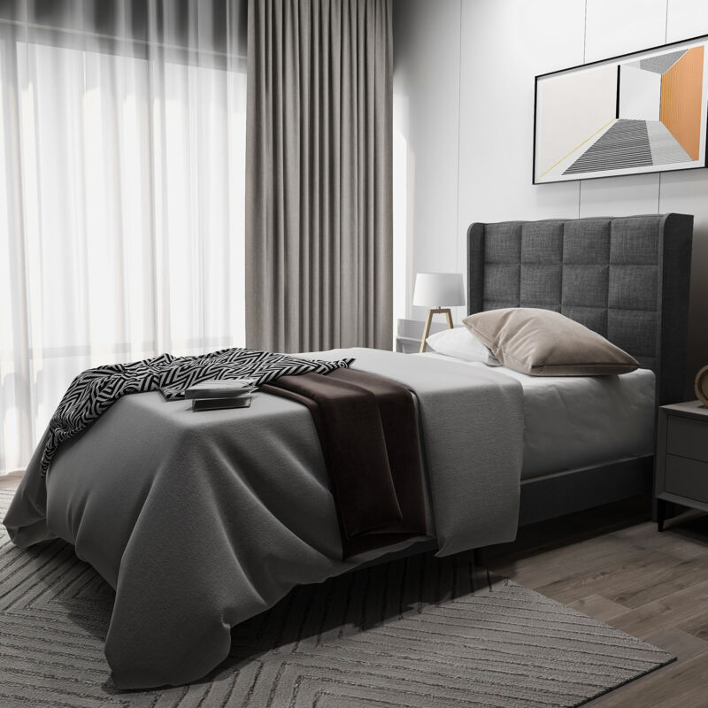 foto del prodotto letto imbottito dal design moderno con testiera imbottita letto singolo con rete a doghe, 90x200 cm, in lino grigio, semirigido senza materasso 
