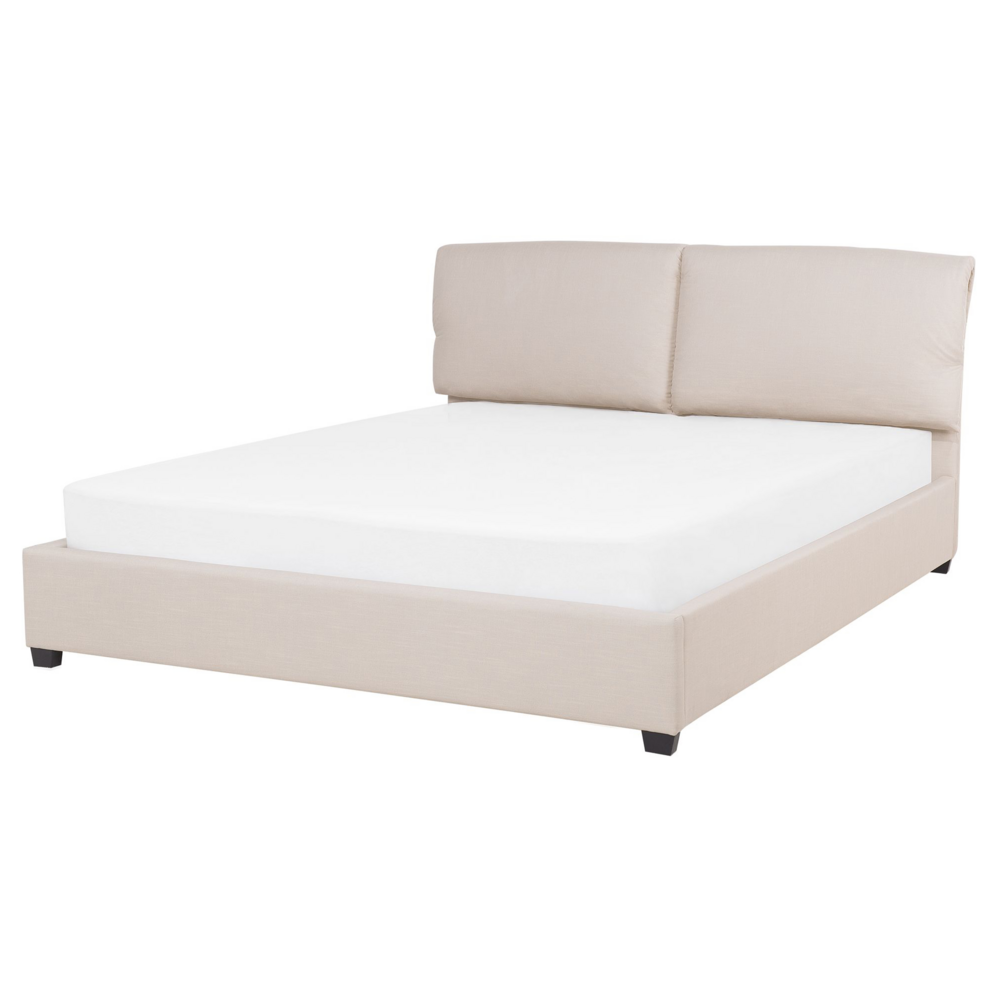 foto del prodotto letto imbottito di colore beige effetto lino a doghe gambe in legno 160 x 200 cm matrimoniale
