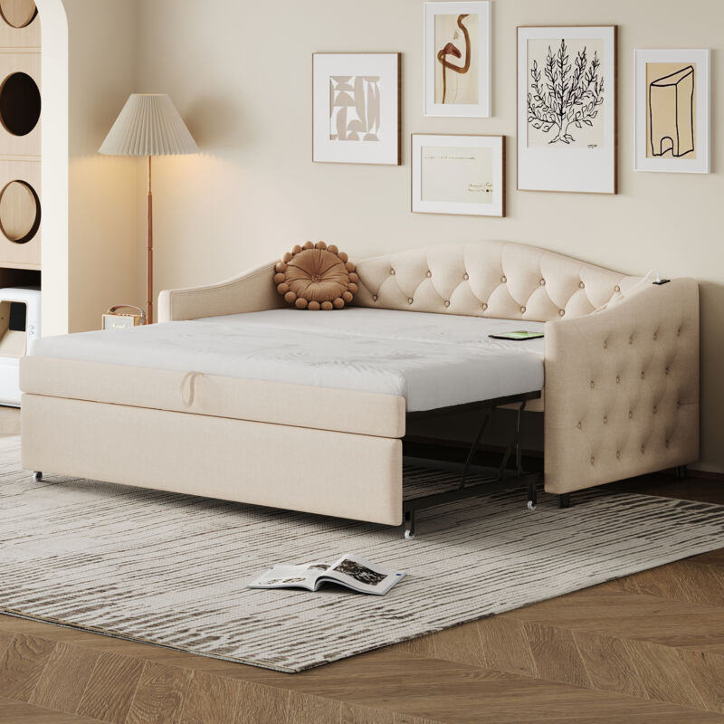 foto del prodotto letto imbottito, divano letto estensibile 90x200 cm, con porta usb, modellato con bottoni, lino beige