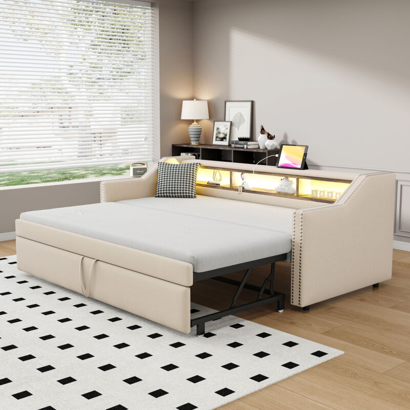 foto del prodotto letto imbottito, divano letto estraibile 90 180 x 190 cm, contenitore multifunzione, illuminazione led e presa usb, con rete a doghe, beige