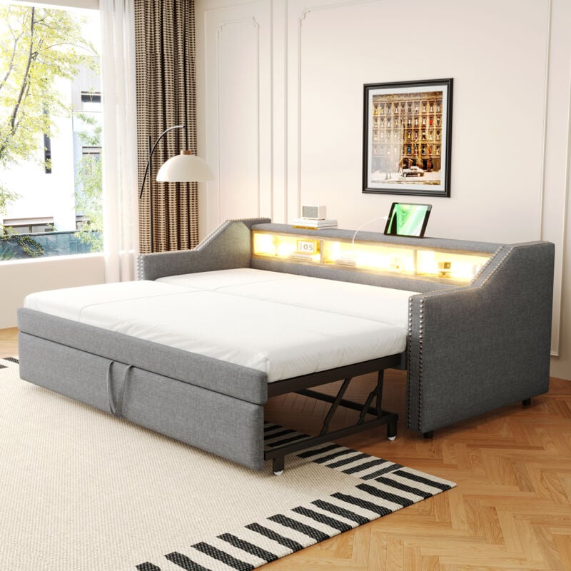 foto del prodotto letto imbottito, divano letto estraibile 90/180 x 190 cm, contenitore multifunzione, illuminazione led e presa usb, con rete a doghe, grigio chiaro
