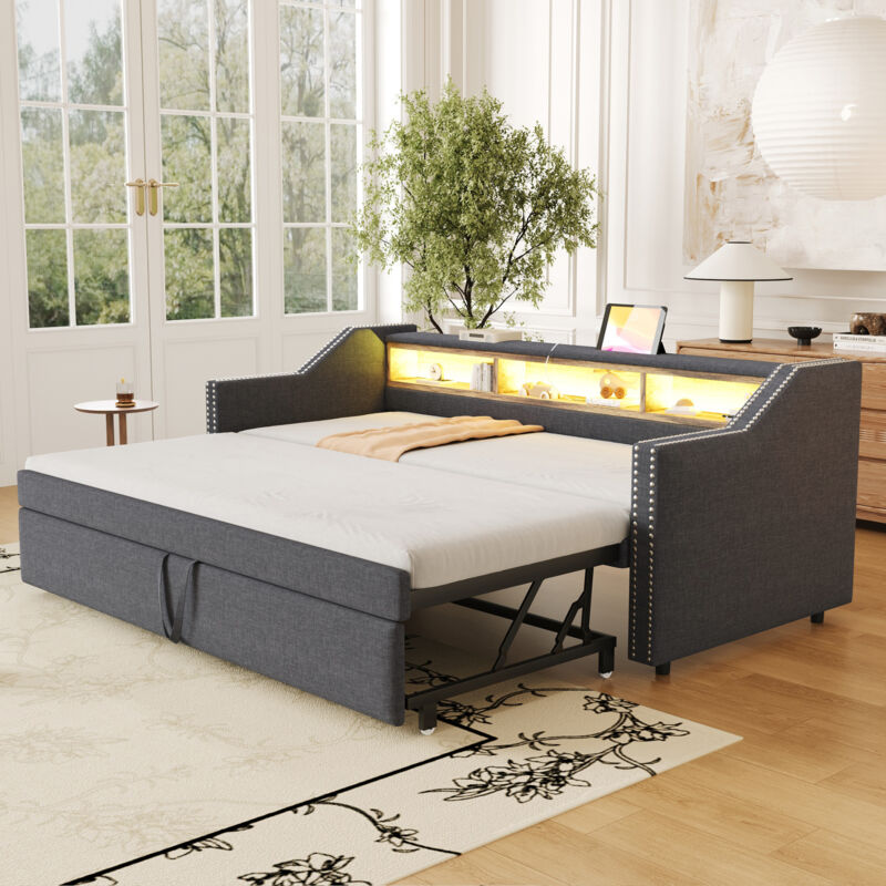 foto del prodotto letto imbottito, divano letto estraibile 90 180 x 190 cm, contenitore multifunzione, illuminazione led e presa usb, con rete a doghe, grigio scuro