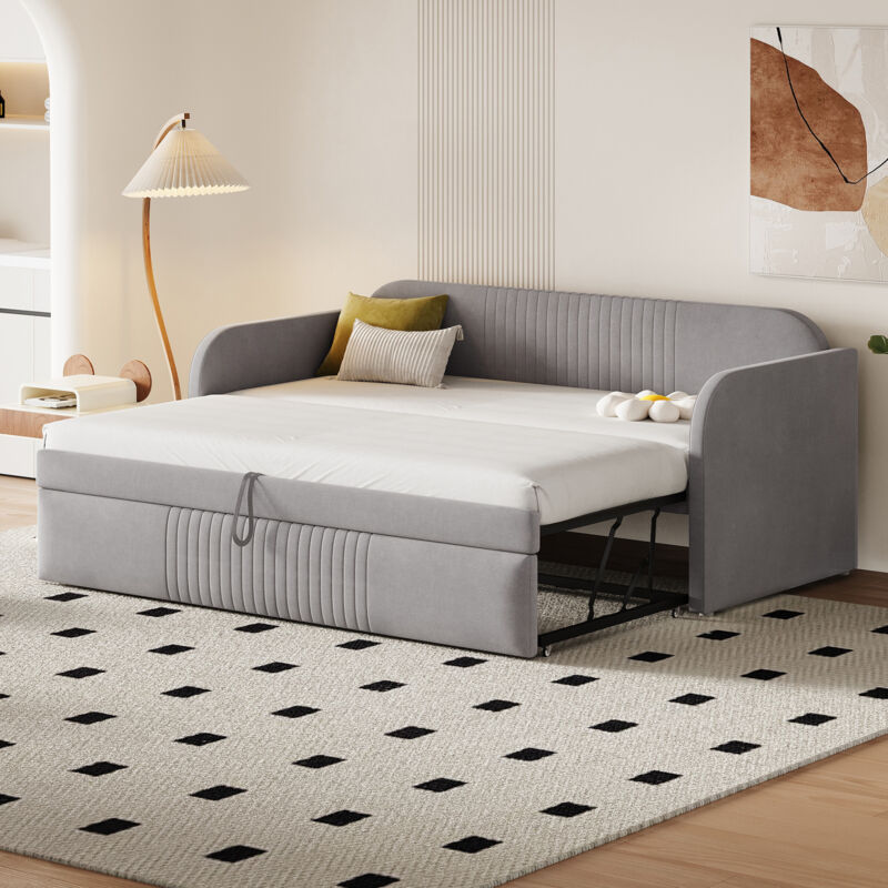 foto del prodotto letto imbottito divano letto estraibile 90 180190 cm, righe verticali, con rete a doghe, letto multifunzionale, tessuto in lino confortevole e