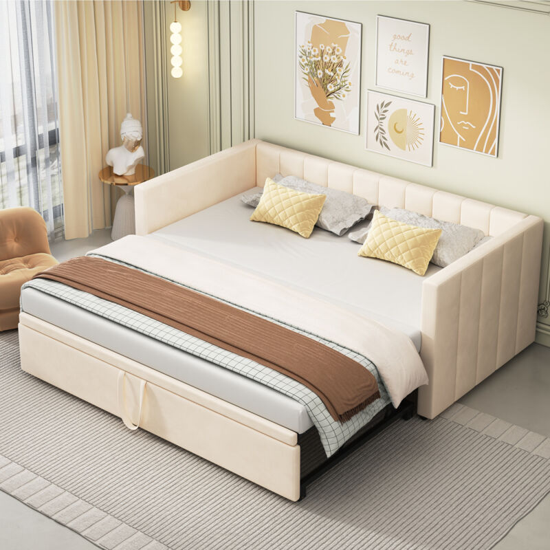 foto del prodotto letto imbottito, divano letto estraibile 90 180200 cm con rete a doghe, letto multifunzionale in tessuto di velluto delicato sulla pelle, beige