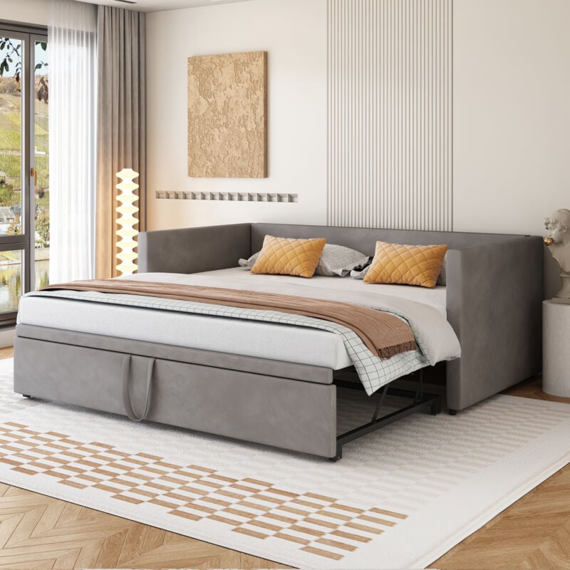 foto del prodotto letto imbottito divano letto estraibile 90 180200 cm con rete a doghe, letto multifunzionale in tessuto di velluto delicato sulla pelle grigio