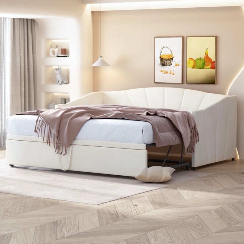 foto del prodotto letto imbottito divano letto estraibile 90 180200 cm con rete a doghe, letto multifunzionale in velluto delicato sulla pelle beige