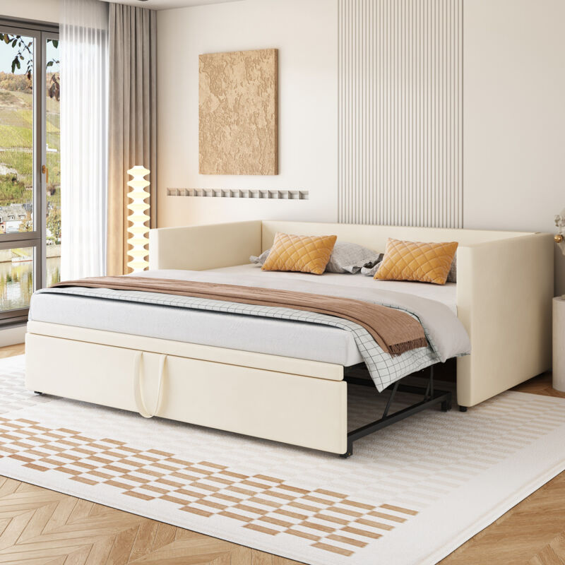 foto del prodotto letto imbottito divano letto estraibile 90 180200 cm con rete a doghe, letto multifunzionale in velluto delicato sulla pelle beige
