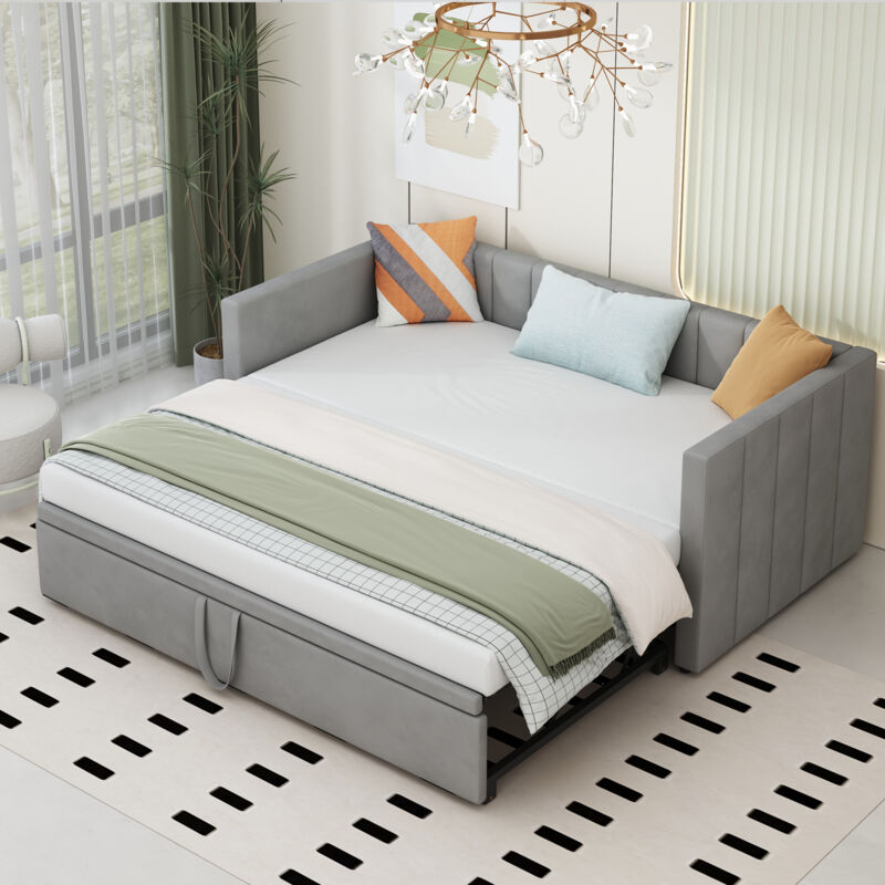 foto del prodotto letto imbottito, divano letto estraibile 90 180x200 cm con rete a doghe, letto multifunzione, velluto, grigio chiaro 