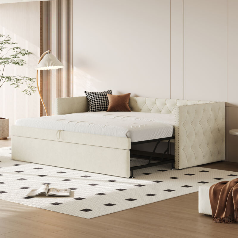foto del prodotto letto imbottito, divano letto estraibile 90 x 200 cm, forma classica piena con bottoni, con rete a doghe, letto per ospiti multifunzionale, tessuto