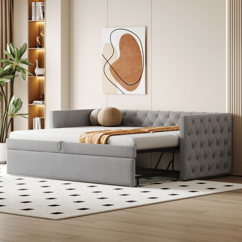 foto del prodotto letto imbottito, divano letto estraibile 90 x 200 cm, forma classica piena con bottoni, con rete a doghe, letto per ospiti multifunzionale, tessuto