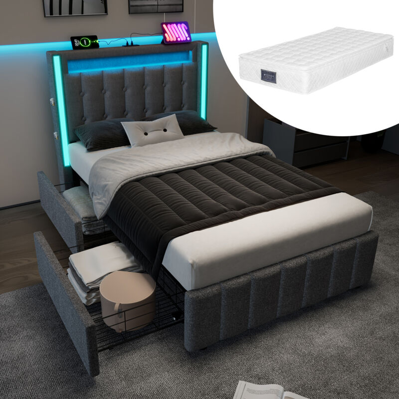 foto del prodotto letto imbottito funzione di ricarica usb tipo c illuminazione a led e 2 cassetti, letti per ragazzi 90x200 cm letti singoli struttura letto