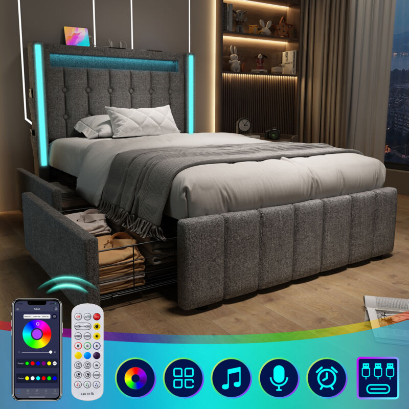 foto del prodotto letto imbottito funzione di ricarica usb tipo c illuminazione a led e 2 cassetti, letti per ragazzi 90x200 cm letti singoli struttura letto