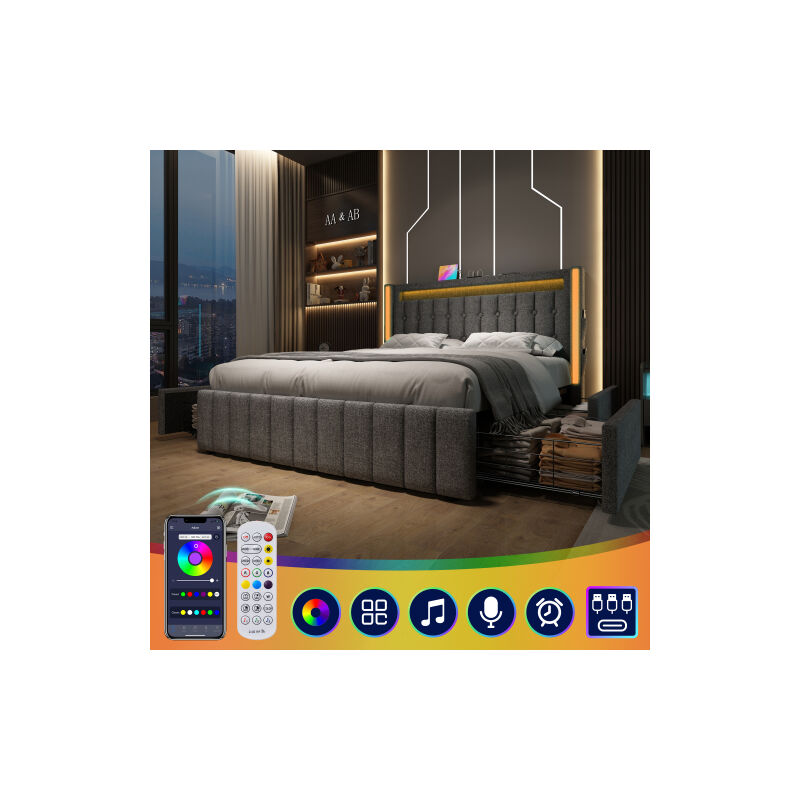 foto del prodotto letto imbottito funzione di ricarica usb tipo c illuminazione a led e 4 cassetti, letti per ragazzi 140x200 cm letto matrimoniale letti con