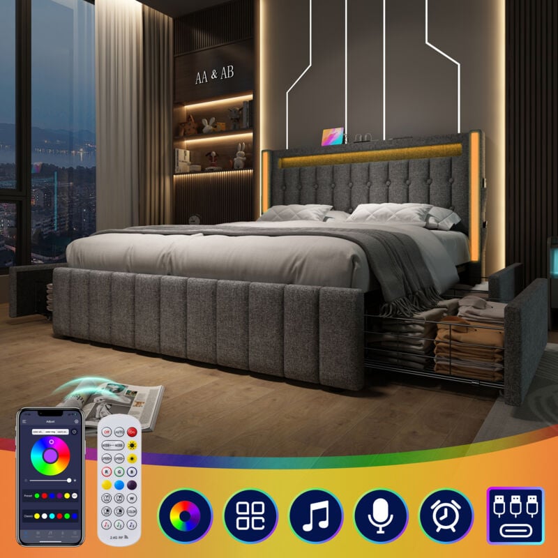 foto del prodotto letto imbottito funzione di ricarica usb tipo c illuminazione a led e 4 cassetti, letti per ragazzi 160x200 cm letto matrimoniale letti con