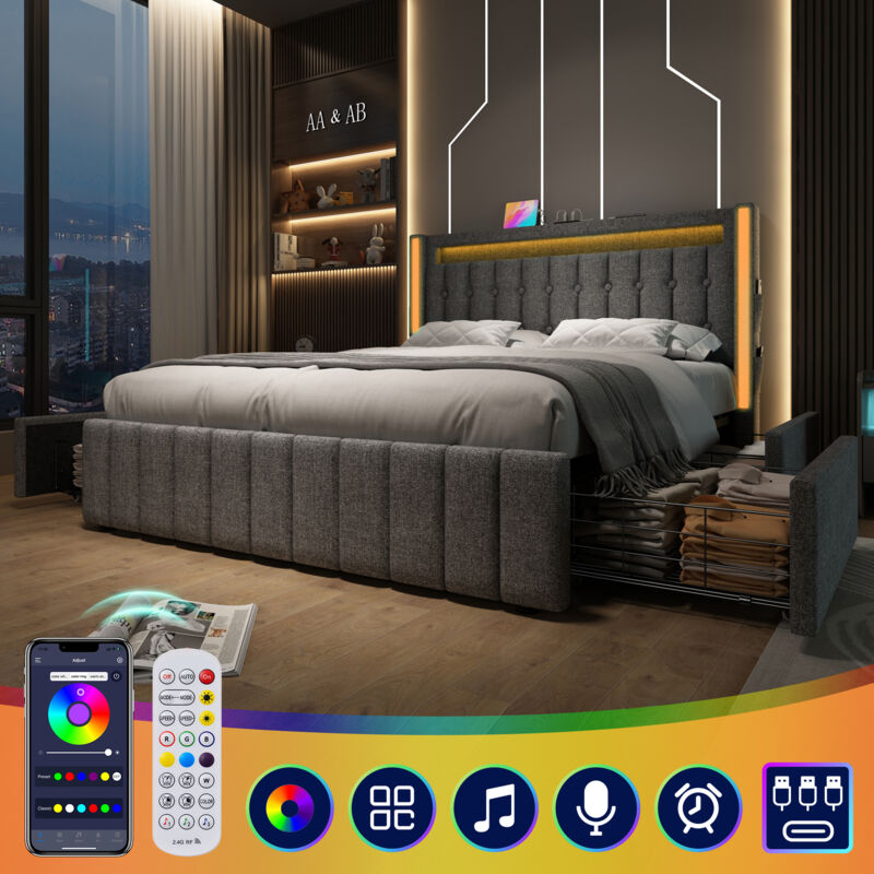 foto del prodotto letto imbottito funzione di ricarica usb tipo c illuminazione a led e 4 cassetti, letti per ragazzi 160x200 cm letto matrimoniale letti con
