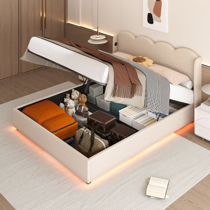 foto del prodotto letto imbottito, giroletto con struttura piatta a forma di onda, adatto per letto matrimoniale, senza materasso, con luce led, interfaccia di