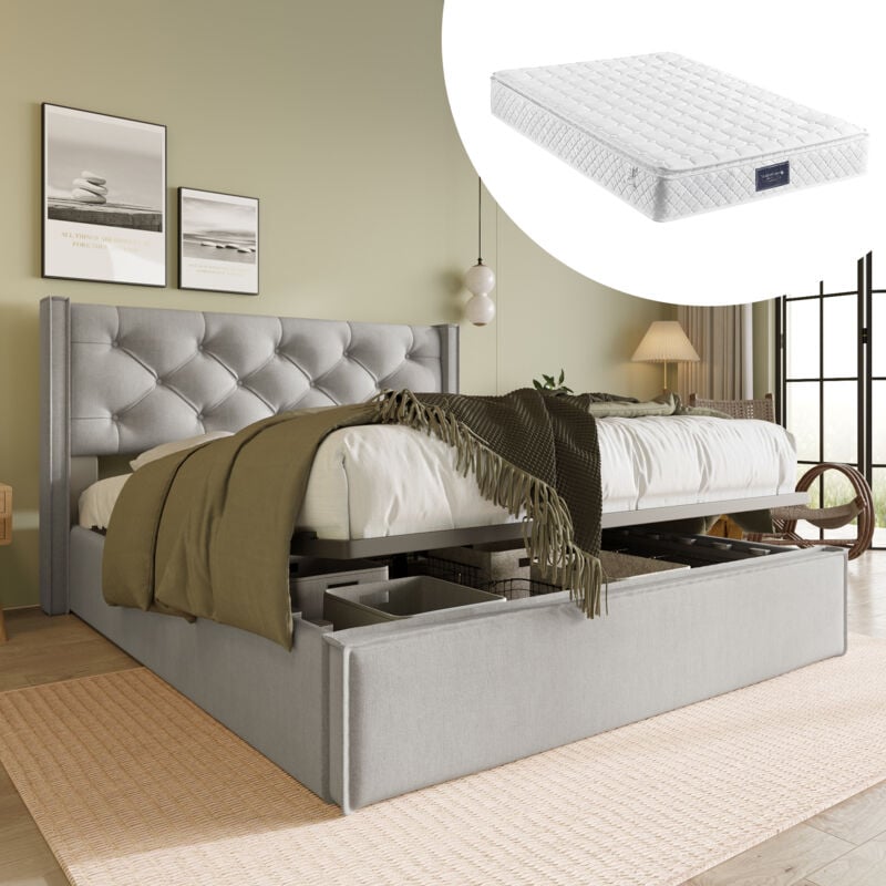 foto del prodotto letto imbottito idraulico, 140x200 cm, con rete a doghe in metallo, compreso materasso grigio chiaro okwish