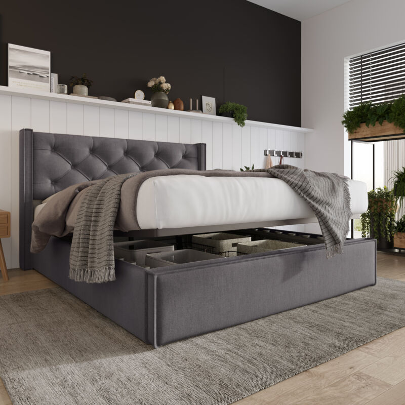 foto del prodotto letto imbottito idraulico, 160x200 cm, con rete a doghe in metallo, cotone grigio chiaro okwish