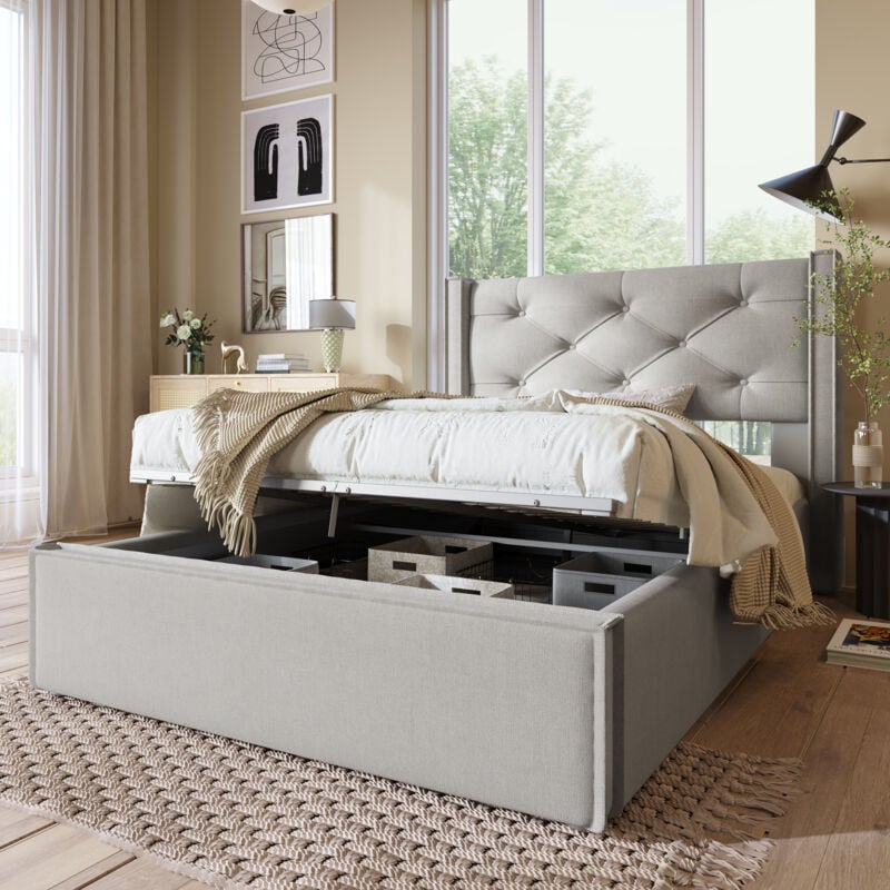 foto del prodotto letto imbottito idraulico, 90x200 cm, letto con rete a doghe in metallo, senza materasso grigio chiaro okwish