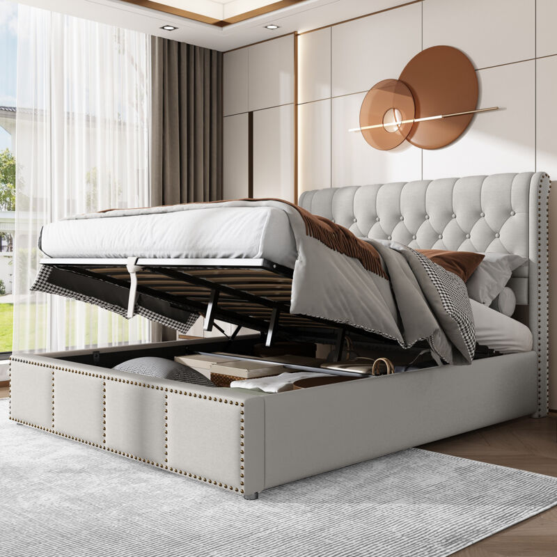 foto del prodotto letto imbottito in cotone e lino, con leva idraulica, contenitore per letti, decorazione rivetto, 140 x 200 cm, senza materasso
