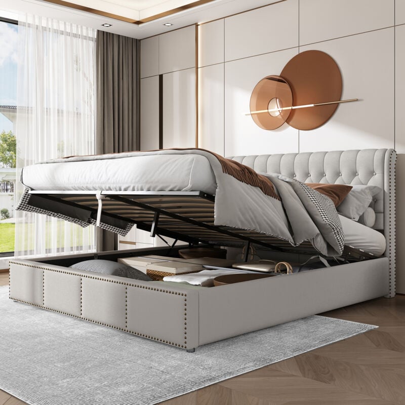 foto del prodotto letto imbottito in cotone lino, con leva idraulica, contenitori per letti, decorazione rivetti, 180 x 200 cm, senza materasso, grigio chiaro okwish