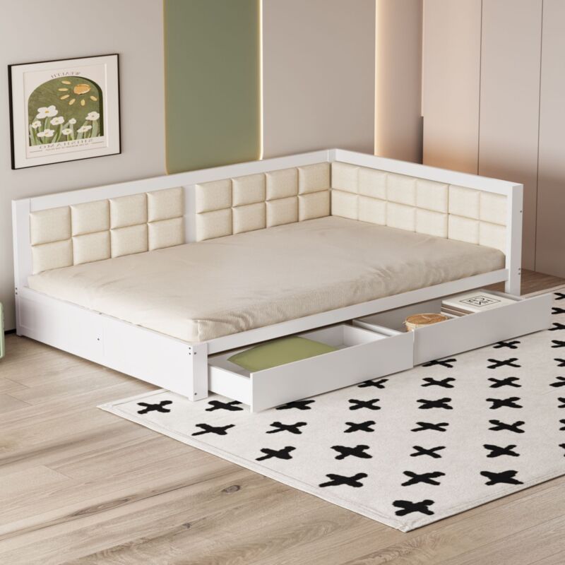 foto del prodotto letto imbottito in legno 140x200 cm, schienale sagomato, ampi cassetti bianco