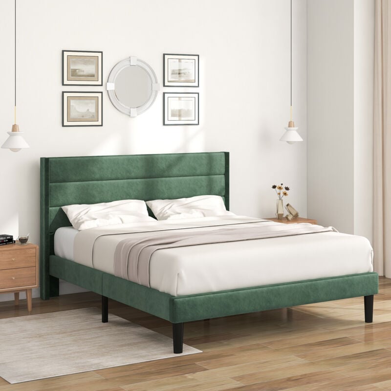 foto del prodotto letto imbottito in tessuto di velluto con rete a doghe e testiera, 140 x 200 cm, verde scuro