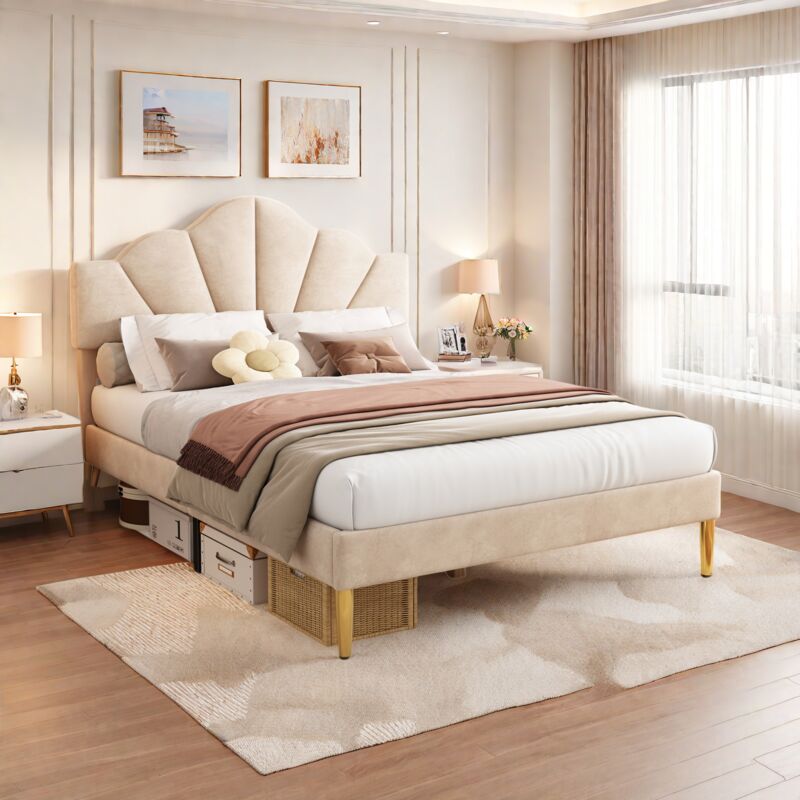 foto del prodotto letto imbottito in velluto, 140 x 190 cm, a forma di conchiglia con gambe in ferro dorato, testiera regolabile in altezza, rete a doghe in legno,
