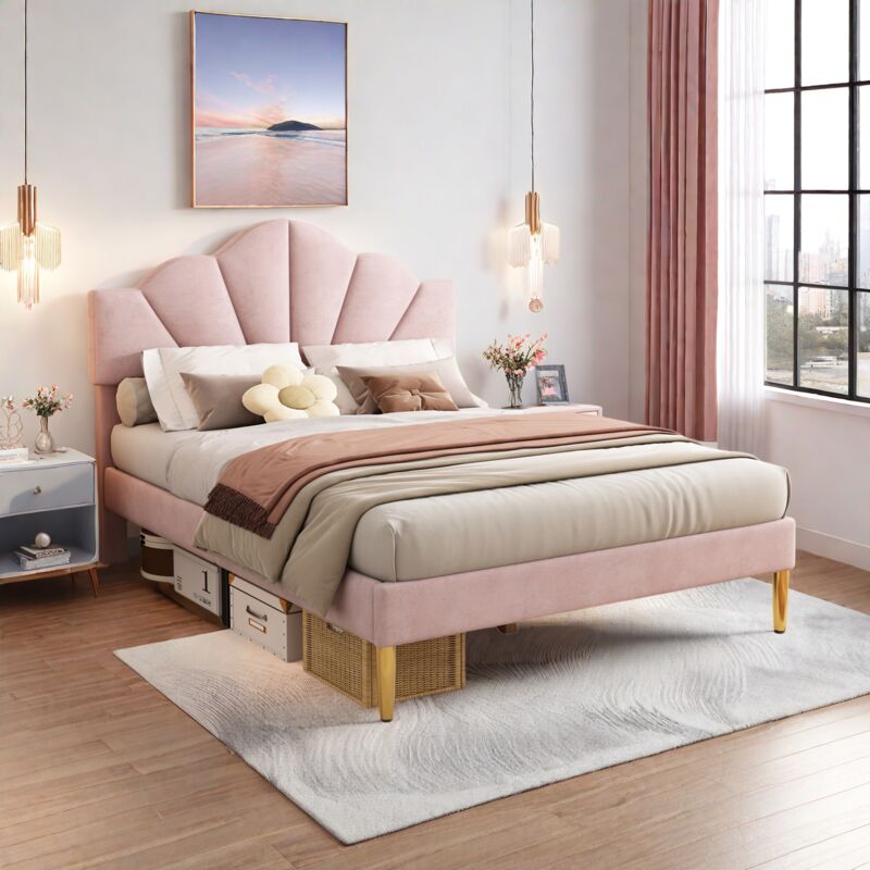 foto del prodotto letto imbottito in velluto, 140 x 200 cm, a forma di conchiglia con gambe in ferro dorato, testiera regolabile in altezza, rete a doghe in legno,