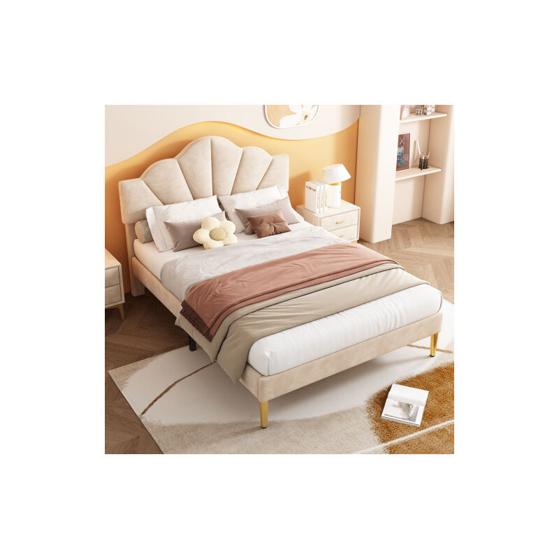 foto del prodotto letto imbottito in velluto, 140190 cm, letto a conchiglia con gambe in ferro dorato, testiera regolabile in altezza, rete a doghe di legno, beige