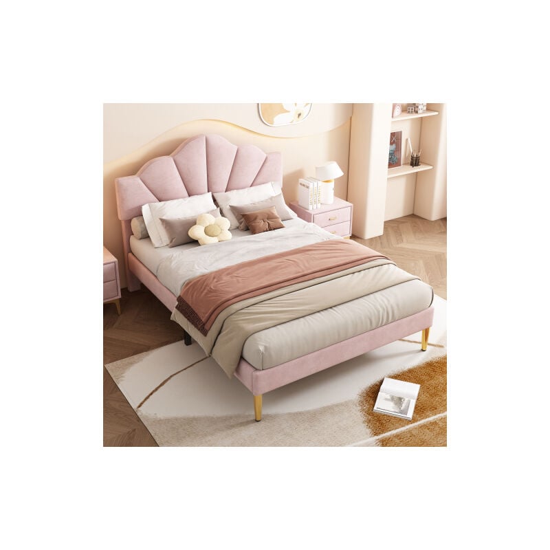 foto del prodotto letto imbottito in velluto, 140190 cm, letto a conchiglia con gambe in ferro oro, testiera regolabile in altezza, rete a doghe in legno, rosa