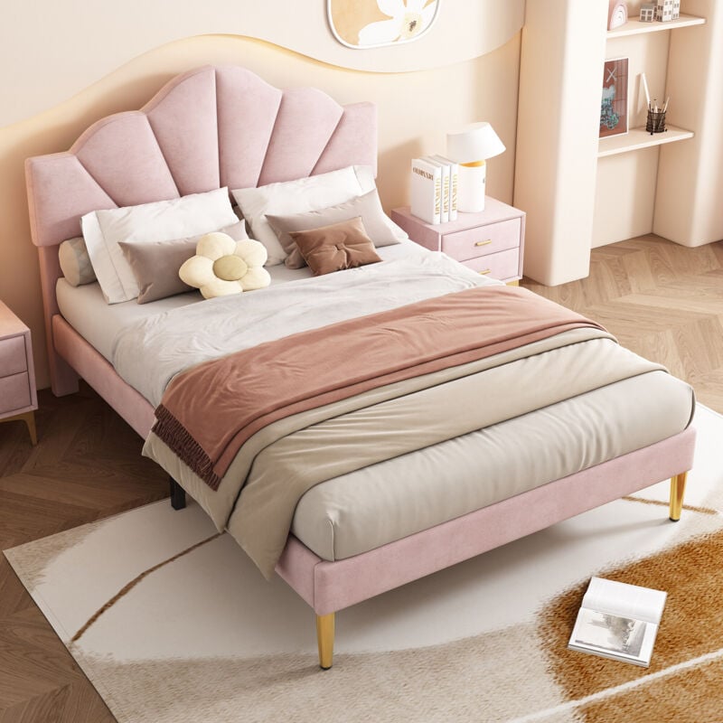 foto del prodotto letto imbottito in velluto, 140200 cm, letto a conchiglia con gambe in ferro dorato, testiera regolabile in altezza, rete a doghe in legno, rosa