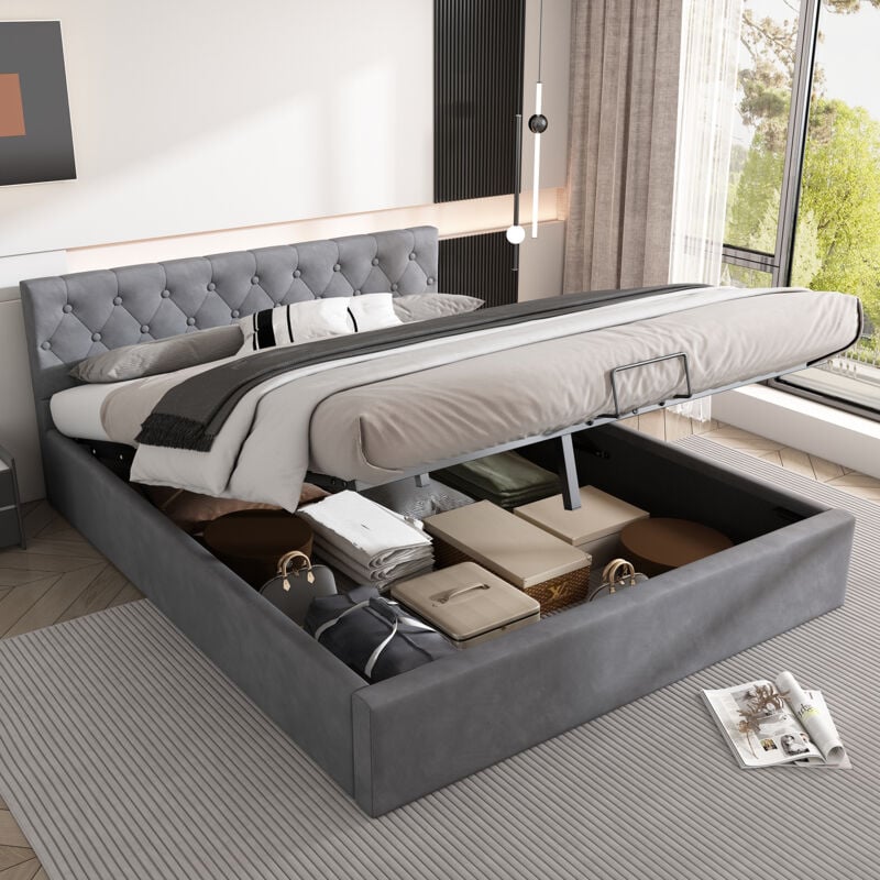 foto del prodotto letto imbottito in velluto, 140200 cm, testiera con bottoni, letto matrimoniale, letto idraulico con contenitore, rete a doghe, grigio old