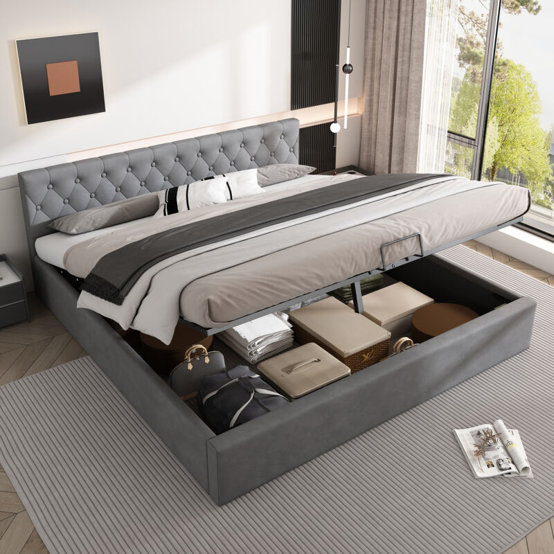 foto del prodotto letto imbottito in velluto, 180200 cm, testiera con bottoni, letto matrimoniale, letto idraulico con contenitore, rete a doghe, grigio old